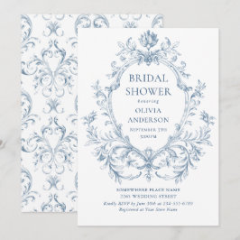 Victoriansk utsmyckad elegans dammig blå bröllopsd inbjudningar