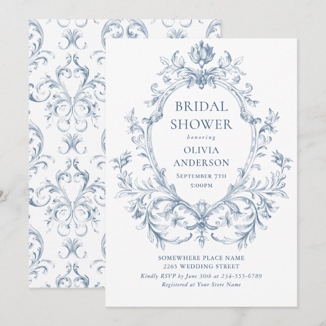 Victoriansk utsmyckad elegans dammig blå bröllopsd inbjudningar (Fram/baksida)