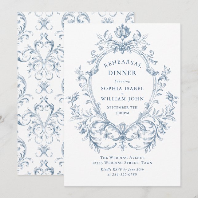 Victoriansk utsmyckad grace dusty blue repetitions inbjudningar (Fram/baksida)
