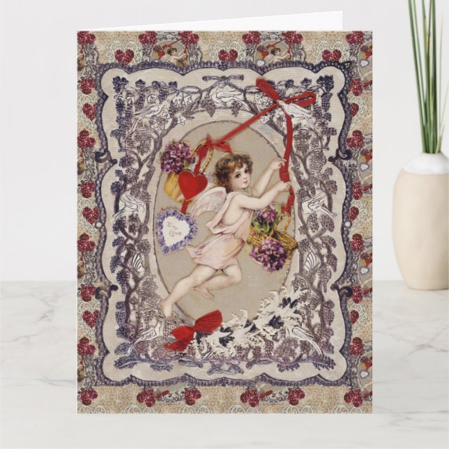 Victoriansk valentinängel rött hjärta   kort (Framsida)