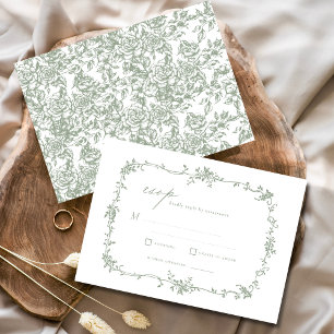 Victoriansk Vintage Fransk RSVP Salvia Grön Bröllo Inbjudningar