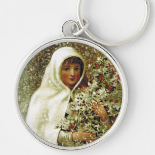 Victoriansk vinterflicka med holly grenar i snö rund silverfärgad nyckelring