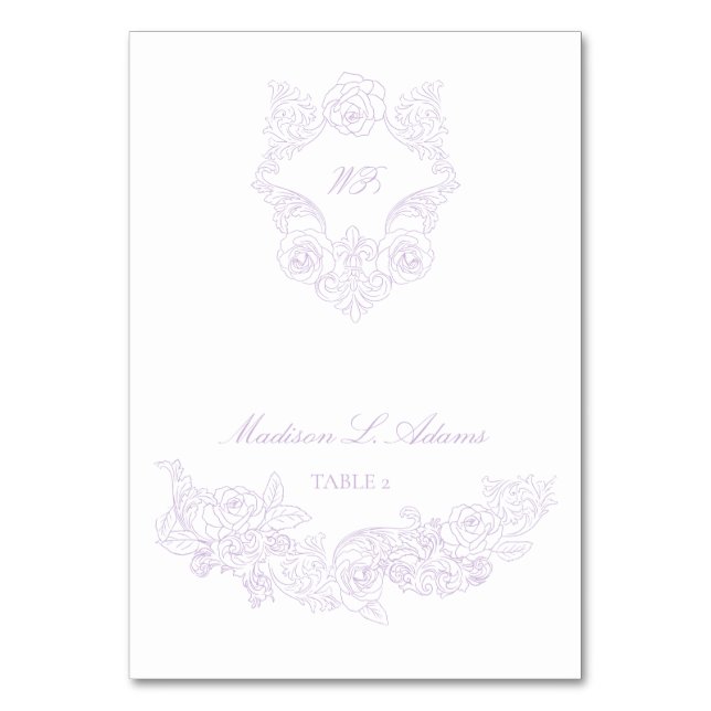 Victoriansk Violett Krest Elegant Vikbar Namnkort Bordsnummer (Framsidan)