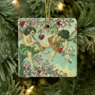 Victorianska Alla hjärtans dag Cupider Antik Hjärt Julgransprydnad Keramik