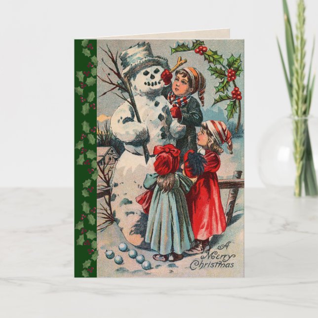 Victorianska barn som Bygger Snögubbe Helgkort (Framsida)