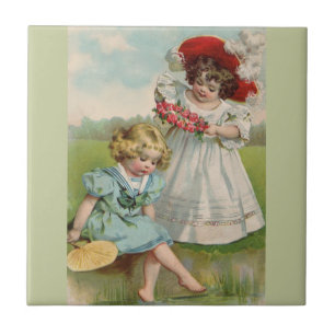 Victorianska barn vintage sommar flickor trädgård kakelplatta
