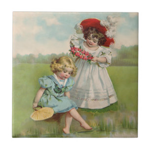 Victorianska barn vintage sommar flickor trädgård kakelplatta