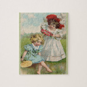 Victorianska barn vintage sommar flickor trädgård pussel