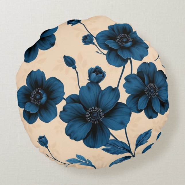 Victorianska blå blommor på beige bakgrund kudde (Baksidan)