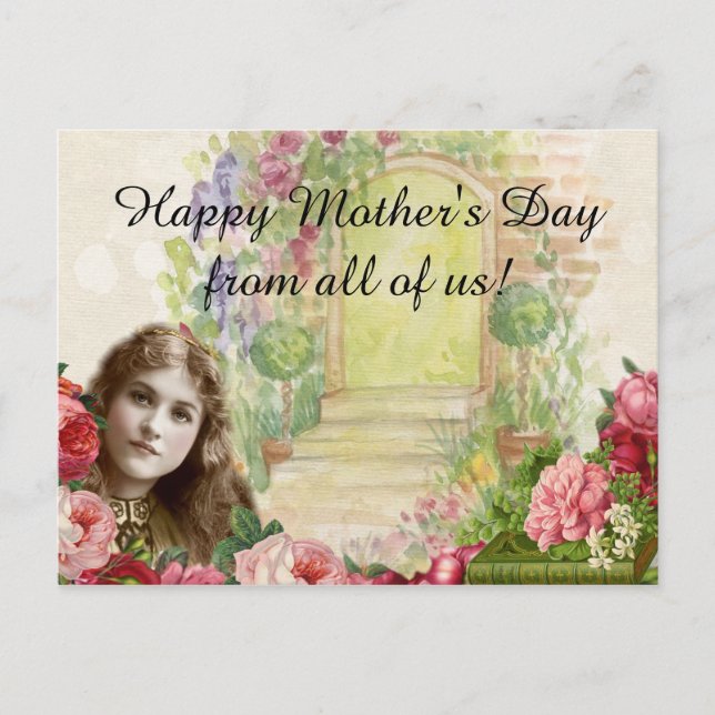 Victorianska Cabbage Rosor Kvinna Blommig Dörr Vykort (Framsida)