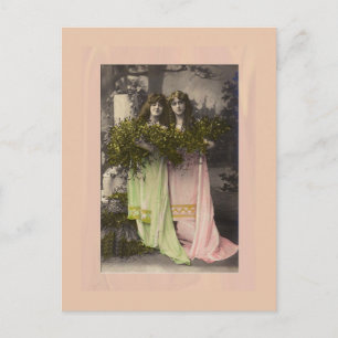 Victorianska damer med blommor på kyrkogården post vykort