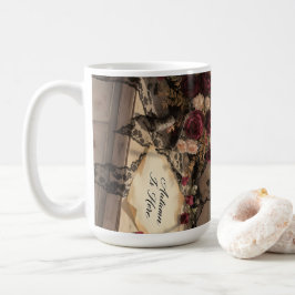 Victorianska höstfönster spetsgardiner rosor konst kaffemugg