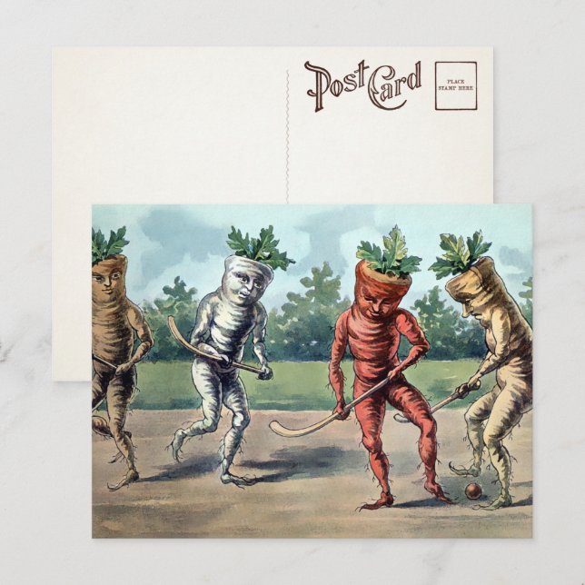 Victorianska morötter som spelar hockey vykort  (Fram/baksida)