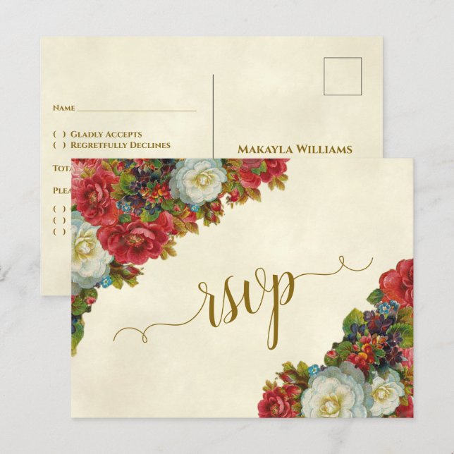 Victorianska Rosor Elegant Höstbröllop RSVP Vykort (Fram/baksida)