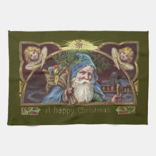Victorianska Santa Änglar Blå Jul Gamla Konstverk Kökshandduk