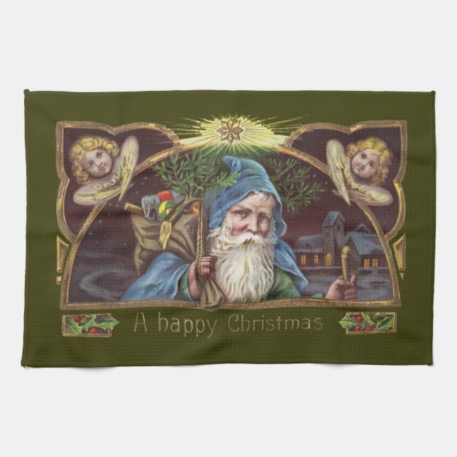 Victorianska Santa Änglar Blå Jul Gamla Konstverk Kökshandduk (Horisontell)