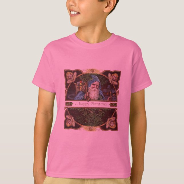 Victorianska Santa Änglar Blå Jul Gamla Konstverk T-shirt (Framsida)