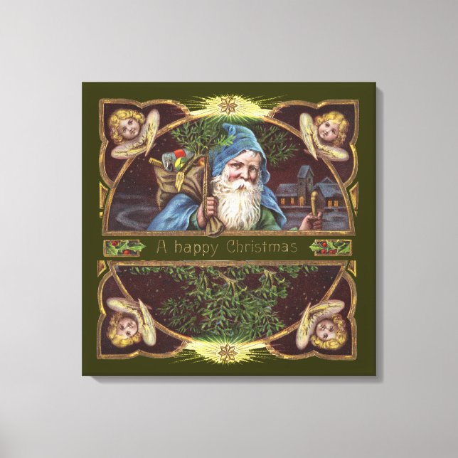 Victorianska Santa Änglar Blå Jul Gammal Konst Canvastryck (Framsida)
