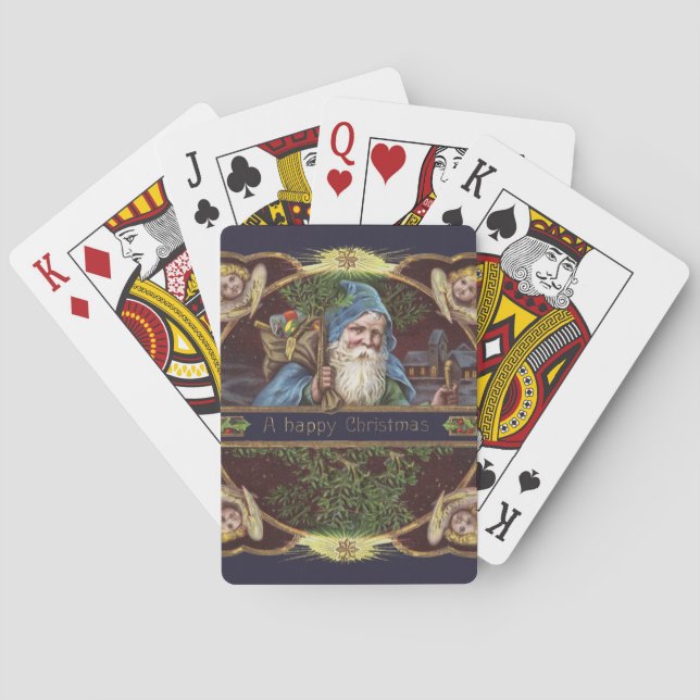 Victorianska Santa Änglar Blå Jul Gammal Konst Casinokort (Baksidan)