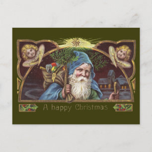 Victorianska Santa Änglar Blå Jul Gammal Konst Helg Vykort