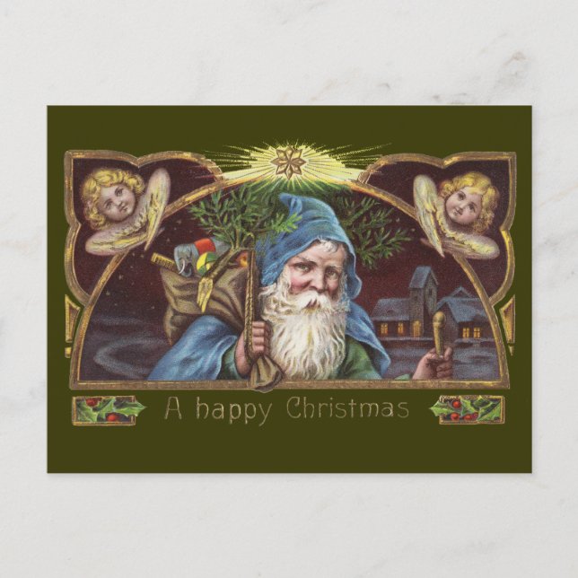 Victorianska Santa Änglar Blå Jul Gammal Konst Helg Vykort (Framsida)