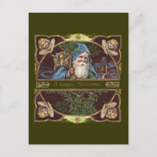Victorianska Santa Änglar Blå Jul Gammal Konst Helg Vykort