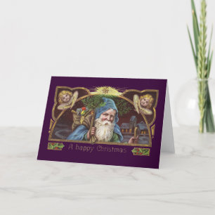 Victorianska Santa Änglar Blå Jul Gammal Konst Helgkort