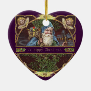 Victorianska Santa Änglar Blå Jul Gammal Konst Julgransprydnad Keramik