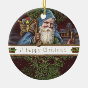 Victorianska Santa Änglar Blå Jul Gammal Konst Julgransprydnad Keramik