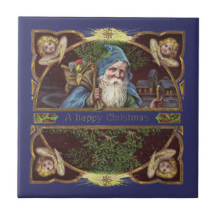 Victorianska Santa Änglar Blå Jul Gammal Konst Kakelplatta