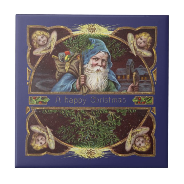 Victorianska Santa Änglar Blå Jul Gammal Konst Kakelplatta (Framsidan)