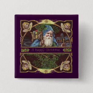 Victorianska Santa Änglar Blå Jul Gammal Konst Knapp