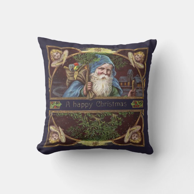 Victorianska Santa Änglar Blå Jul Gammal Konst Kudde (Framsida)