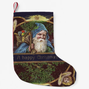 Victorianska Santa Änglar Blå Jul Gammal Konst Liten Julstrumpa