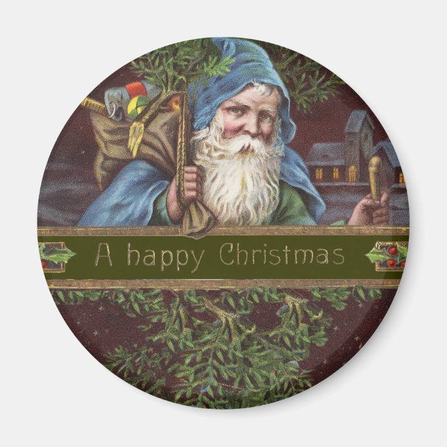 Victorianska Santa Änglar Blå Jul Gammal Konst Magnet (Framsidan)