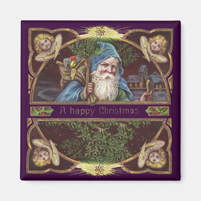 Victorianska Santa Änglar Blå Jul Gammal Konst Magnet (Framsidan)