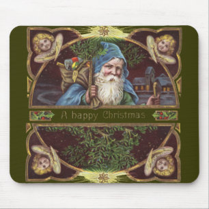 Victorianska Santa Änglar Blå Jul Gammal Konst Musmatta