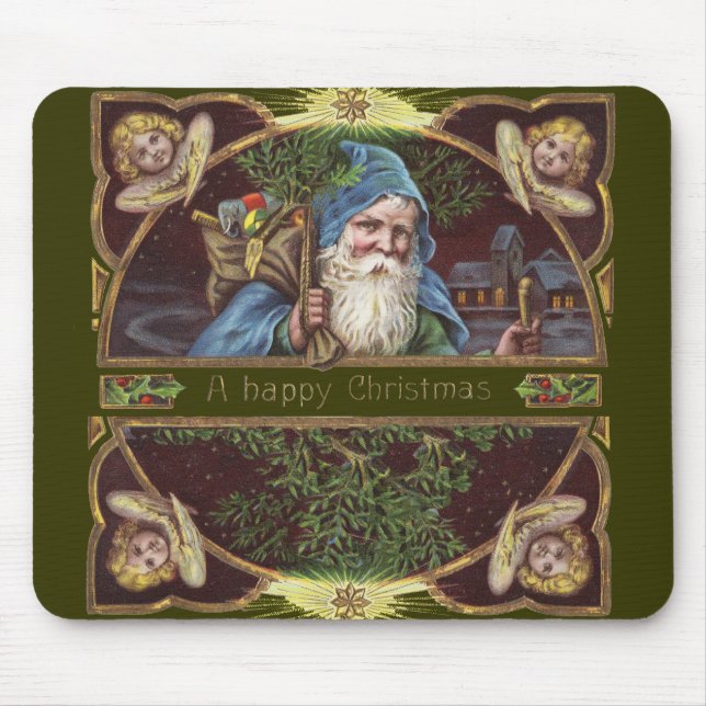 Victorianska Santa Änglar Blå Jul Gammal Konst Musmatta (Framsidan)