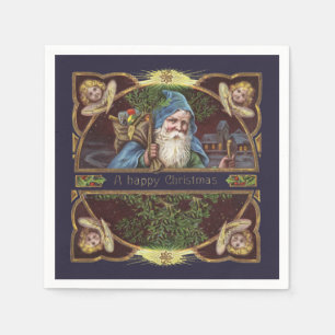 Victorianska Santa Änglar Blå Jul Gammal Konst Pappersservett