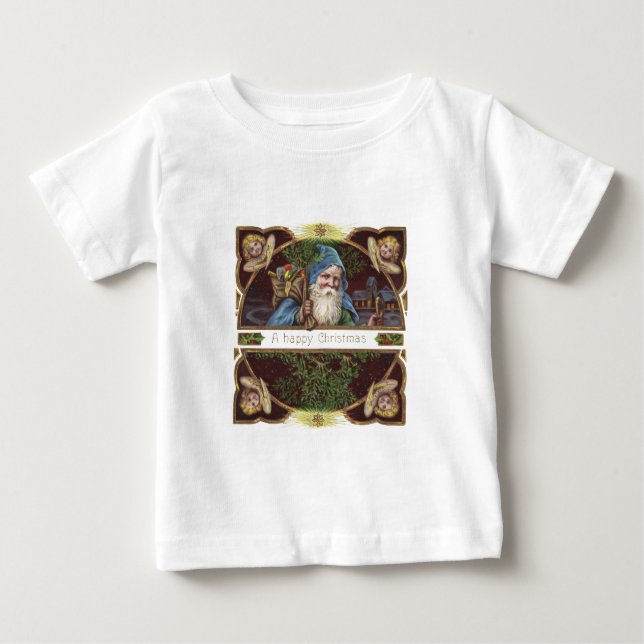 Victorianska Santa Änglar Blå Jul Gammal Konst T-shirt (Framsida)
