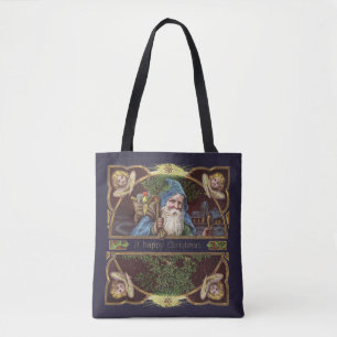 Victorianska Santa Änglar Blå Jul Gammal Konst Tygkasse