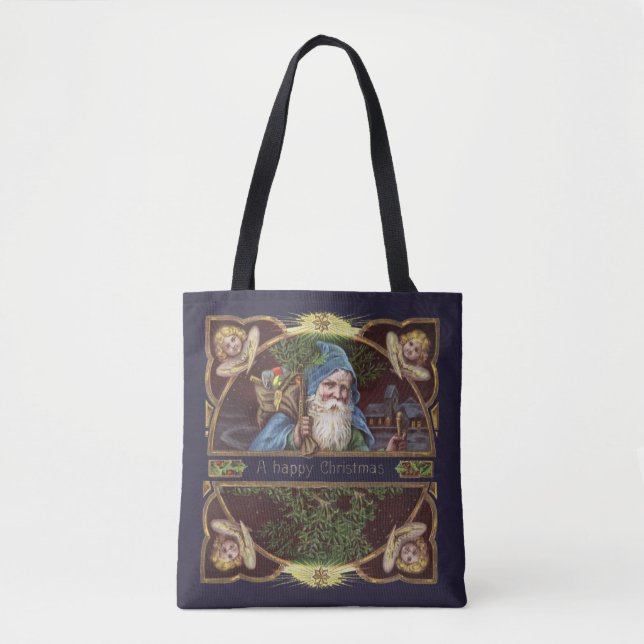 Victorianska Santa Änglar Blå Jul Gammal Konst Tygkasse (Framsida)