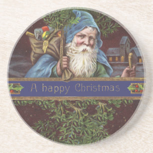 Victorianska Santa Änglar Blå Jul Gammal Konst Underlägg Sandsten