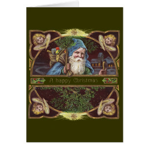 Victorianska Santa Änglar Blå Jul Vintage Konst Hälsningskort