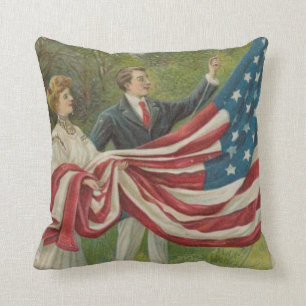 Victorianskt par som hissar den amerikanska flagga kudde