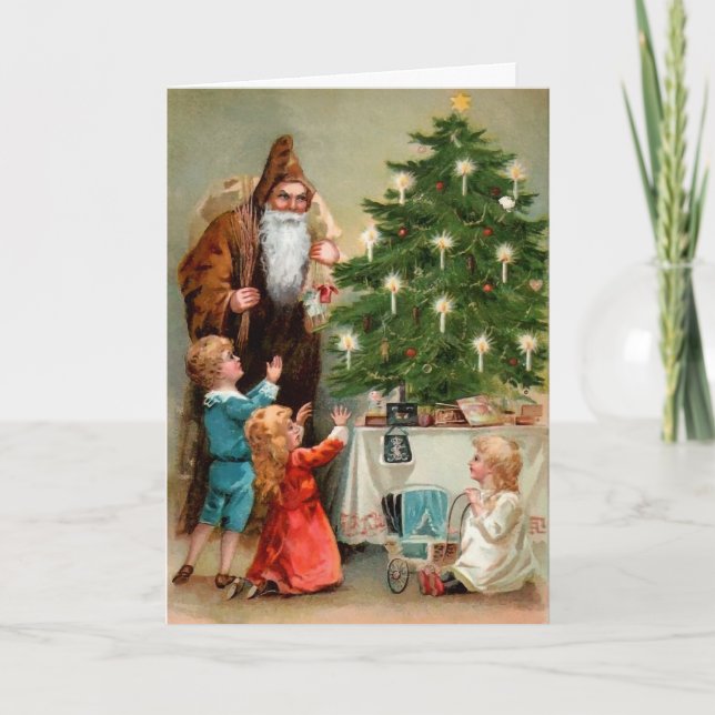 Victorias Arg Santa Around runt Träd Helgkort (Framsida)