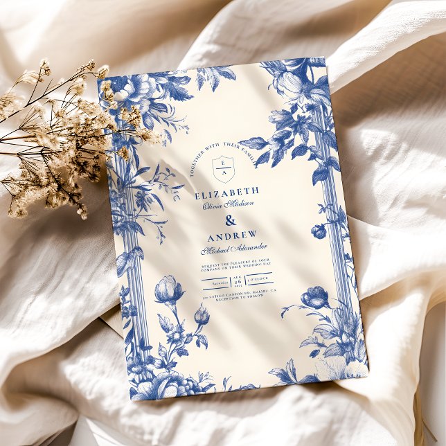 Victorias Fransk Blue Blommigt Bröllop Inbjudningar (Skapare uppladdad)