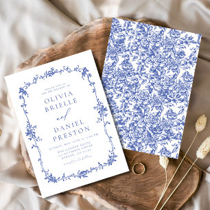 Victorias Vintage Fransk Blue Blommigt Bröllop Inbjudningar