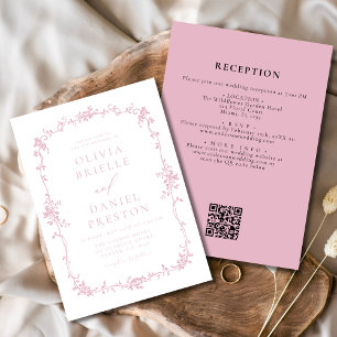 Victorias Vintage QR Code Rosa Blommigt Bröllop Inbjudningar