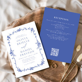 Victorias Vintage QR-kod Blue Blommigt Bröllop Inbjudningar